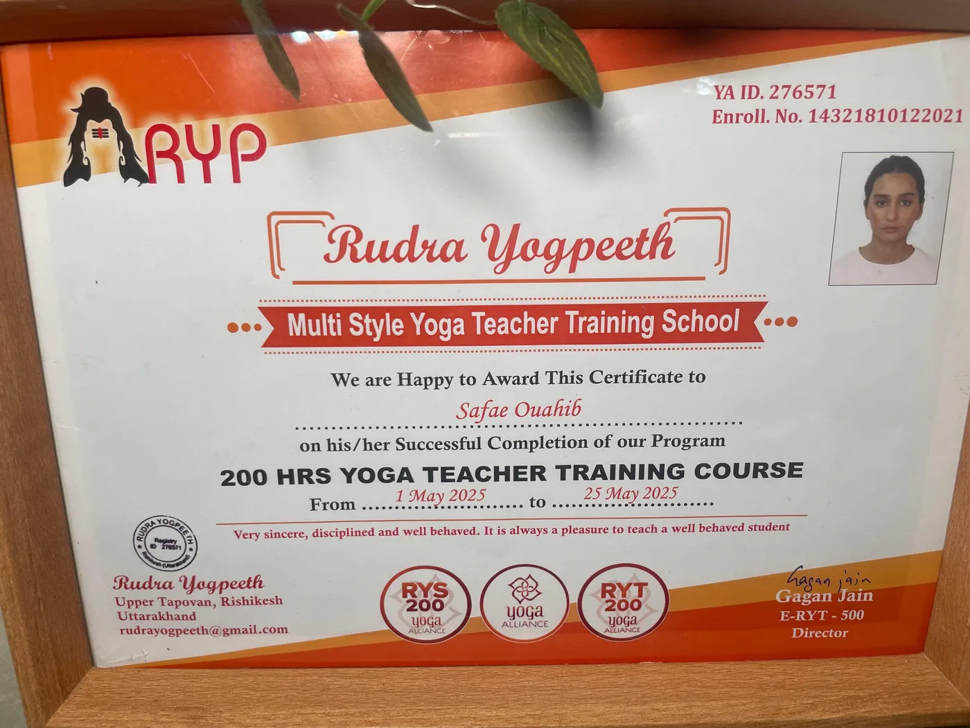 Certificat : 200 Hrs Yoga Teacher Training Course, Rudra Yogpeeth, Rishikesh